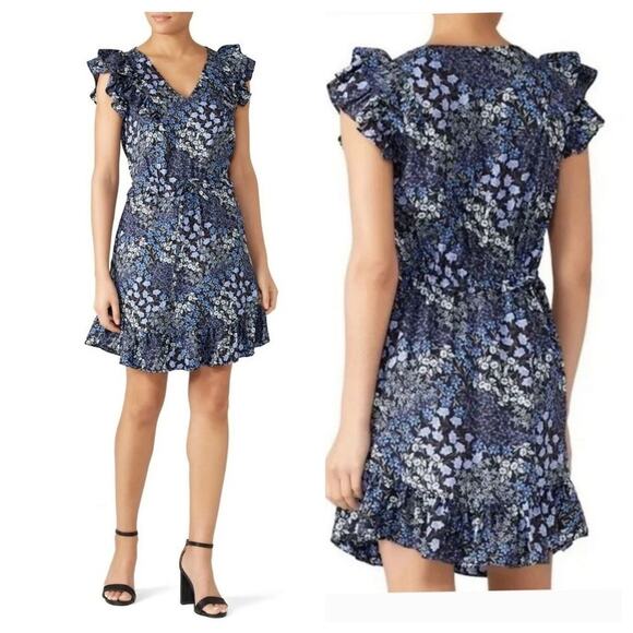Rebecca Taylor Blue Black Floral Ruffle Silk Ava Mini Dress Size 0 - Picture 1 of 6